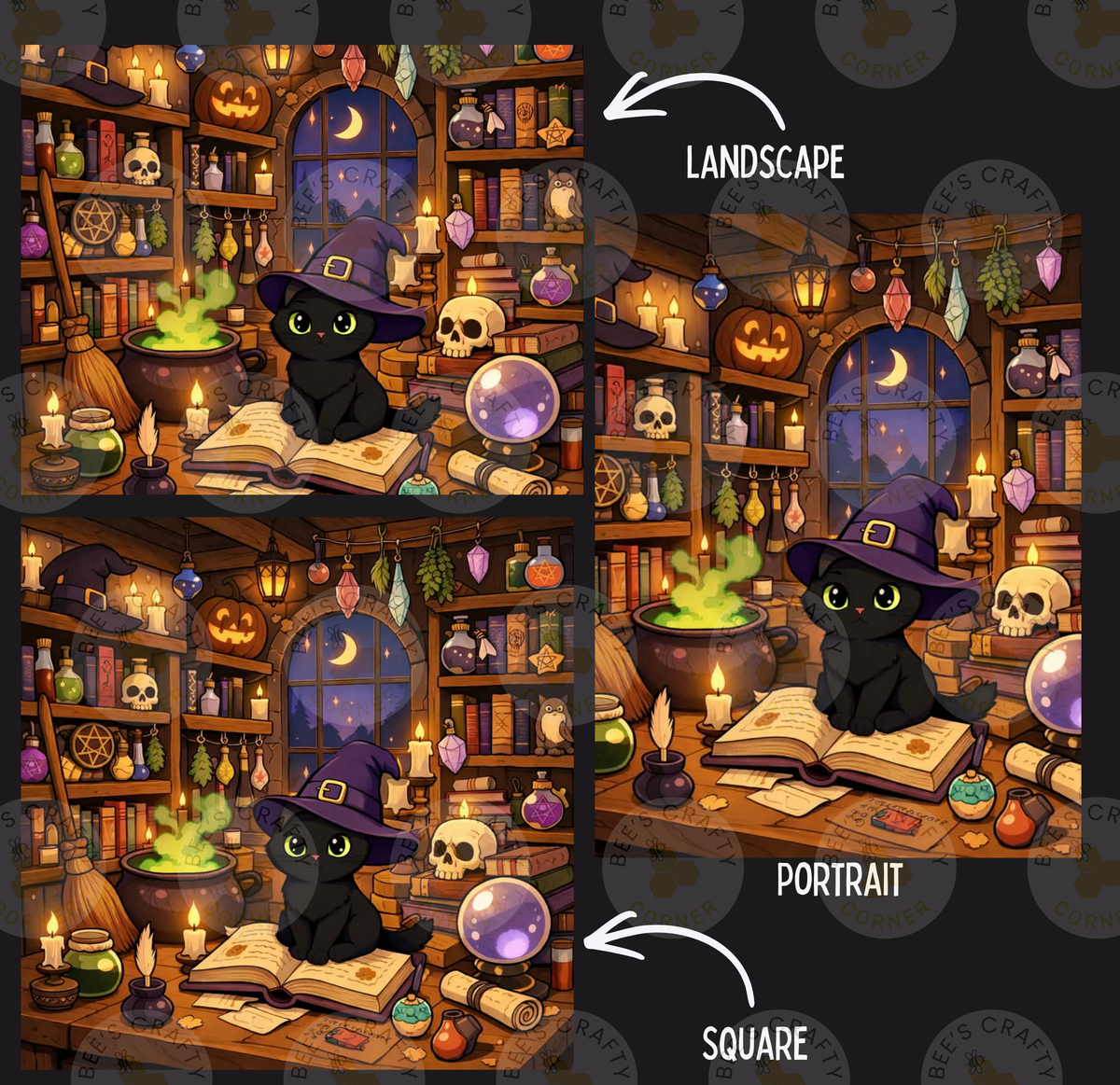 The image is a collage of two images depicting a witch's study with a black cat sitting on a book. The collage includes a landscape and a portrait of the same scene.