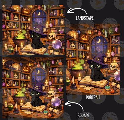 The image is a collage of two images depicting a witch's study with a black cat sitting on a book. The collage includes a landscape and a portrait of the same scene.