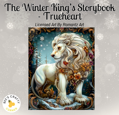The image is a vibrant illustration of a lion surrounded by a snowy landscape, with intricate floral designs and a starry night sky in the background.