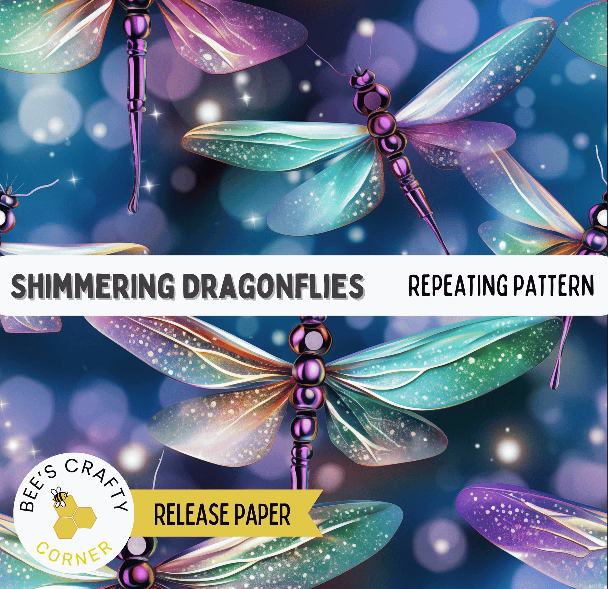 The image is a collage of multiple images featuring colorful, iridescent dragonflies with shimmering wings against a blue background with white and purple lights.