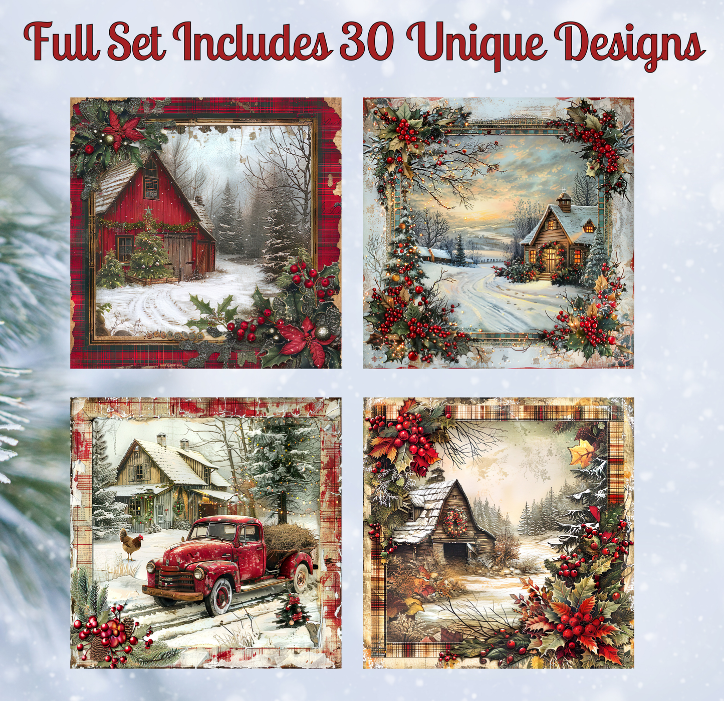 The image is a collage of four pictures, each depicting a different scene with a red barn, a snowy landscape, a red truck, and a snowy house.