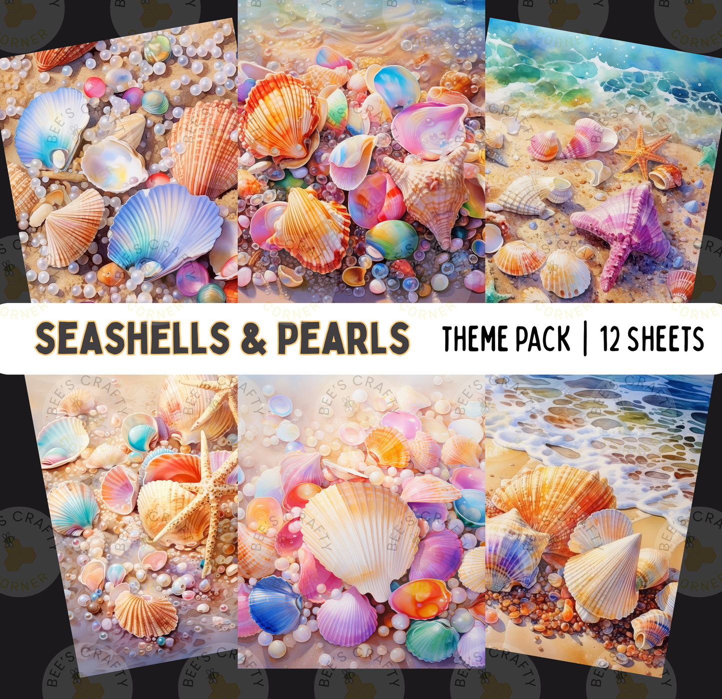 The image is a collage of 12 colorful images depicting various seashells and pearls, arranged in a theme pack.