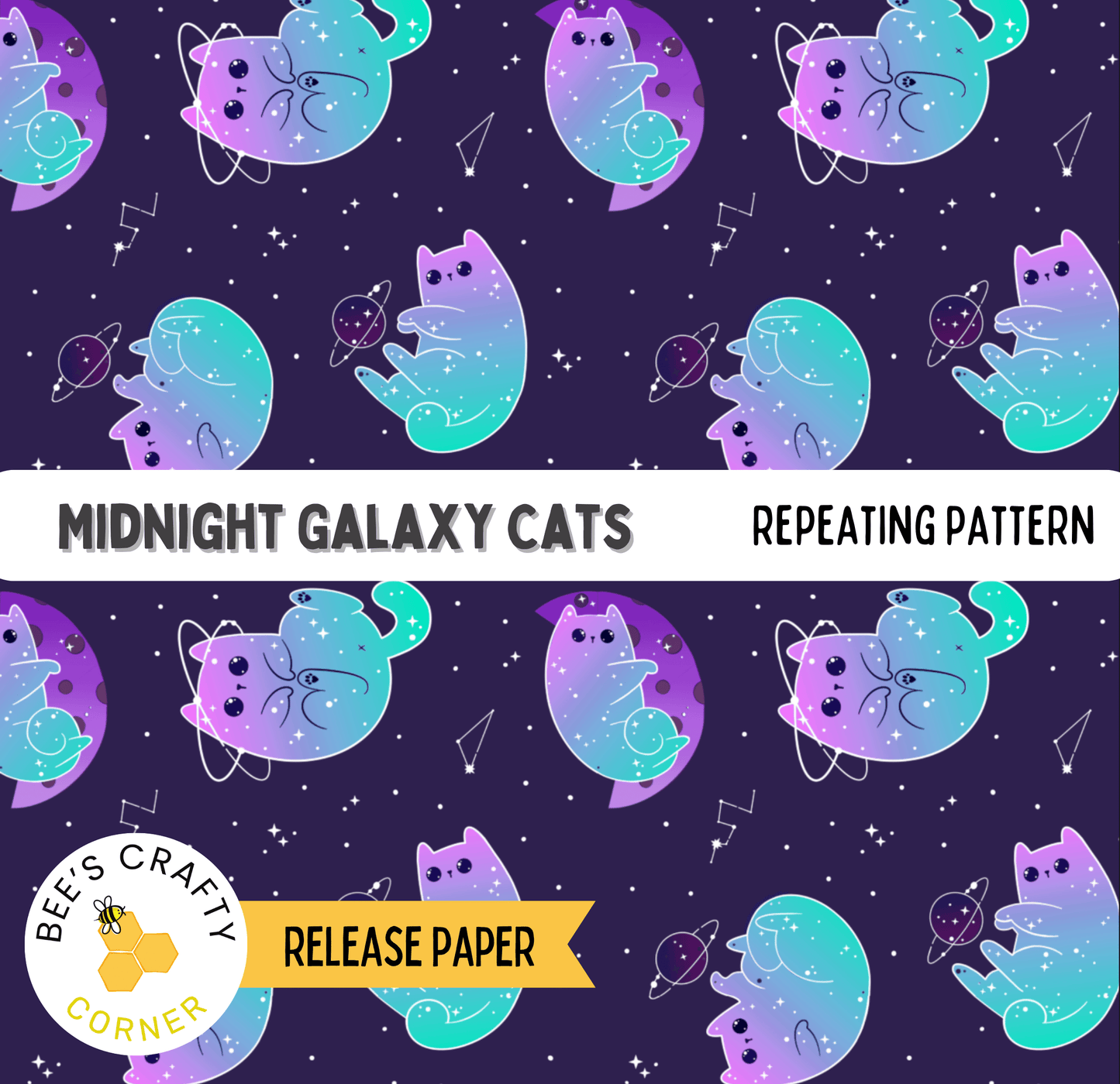 The image is a repeating pattern of cats in various colors and poses, set against a dark purple background with stars and celestial elements.