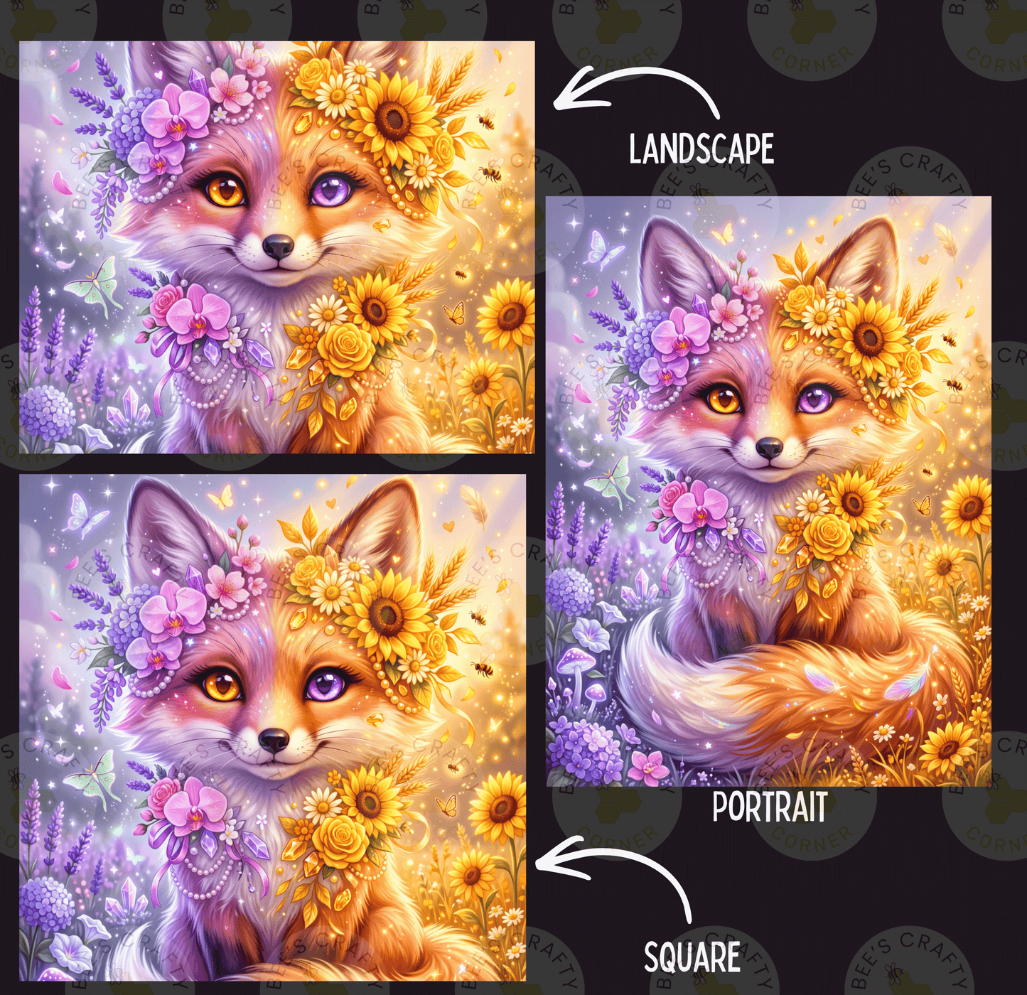 The image is a collage of three pictures depicting a fox surrounded by flowers and sunflowers. The fox is wearing a flower crown and has a cheerful expression. The collage is labeled as a landscape, portrait, and square, and the image is described as having "less than 500 characters" and "less than 500 words".