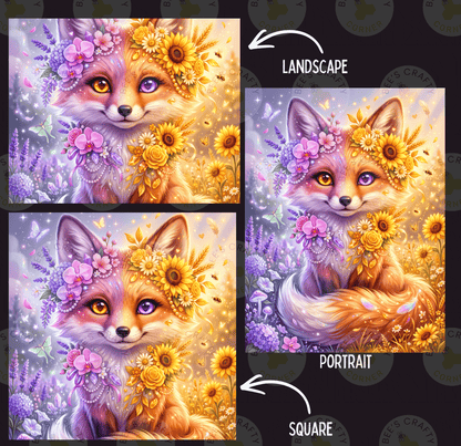 The image is a collage of three pictures depicting a fox surrounded by flowers and sunflowers. The fox is wearing a flower crown and has a cheerful expression. The collage is labeled as a landscape, portrait, and square, and the image is described as having "less than 500 characters" and "less than 500 words".