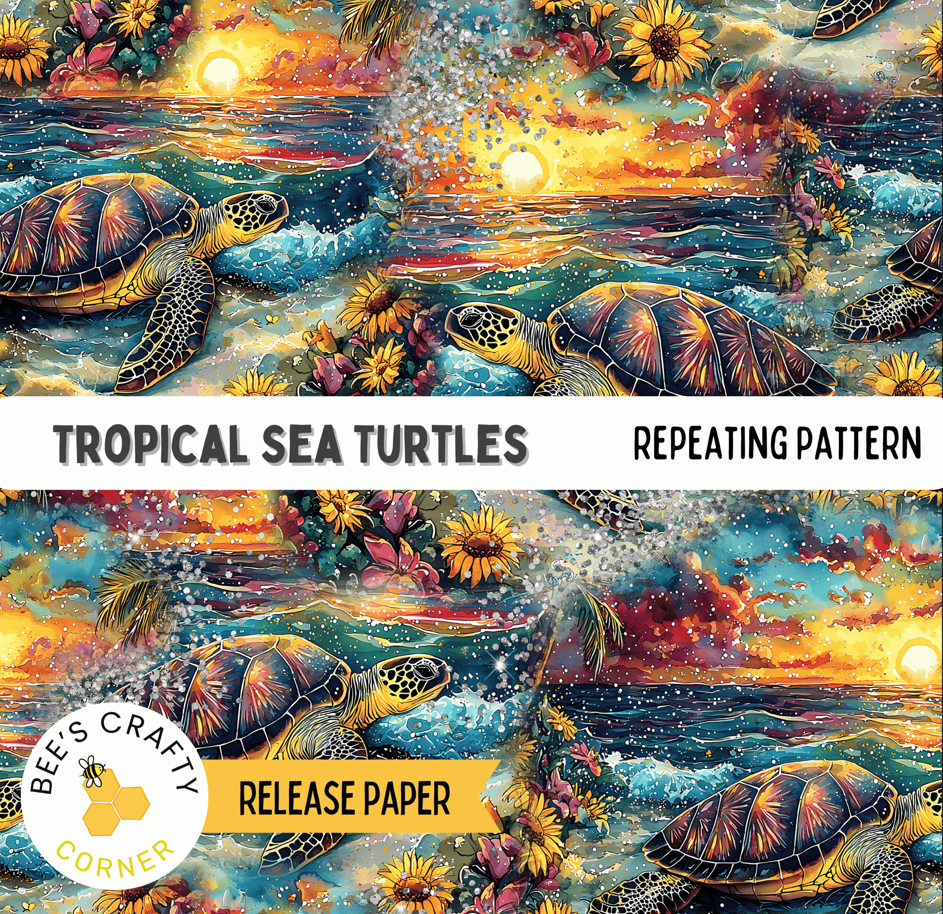 The image is a repeating pattern of tropical sea turtles swimming in the ocean, with vibrant colors and a sunset-like sky in the background.