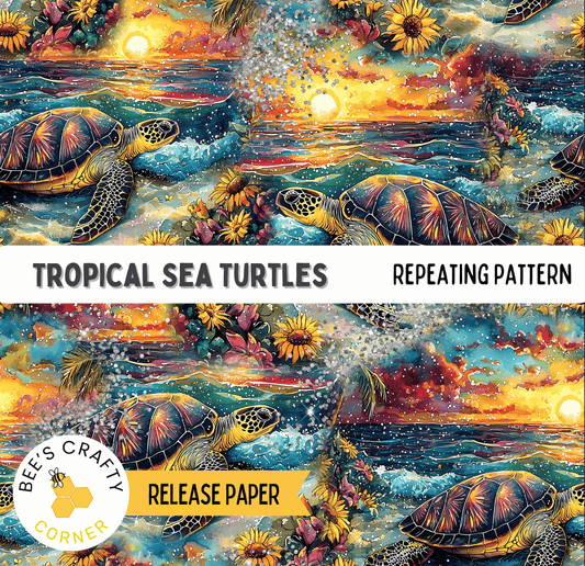 The image is a repeating pattern of tropical sea turtles swimming in the ocean, with vibrant colors and a sunset-like sky in the background.