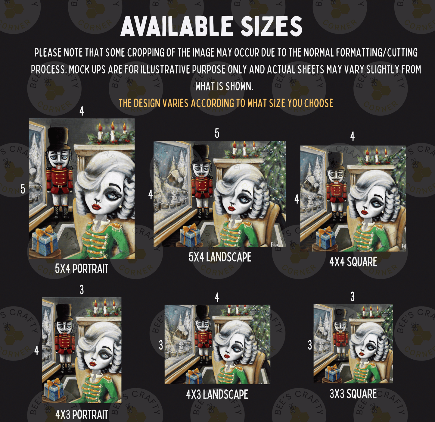 six different sizes of nutcracker-themed artwork, including portraits, landscapes, and squares. The sizes vary from small to large, and each artwork has a unique design and style.