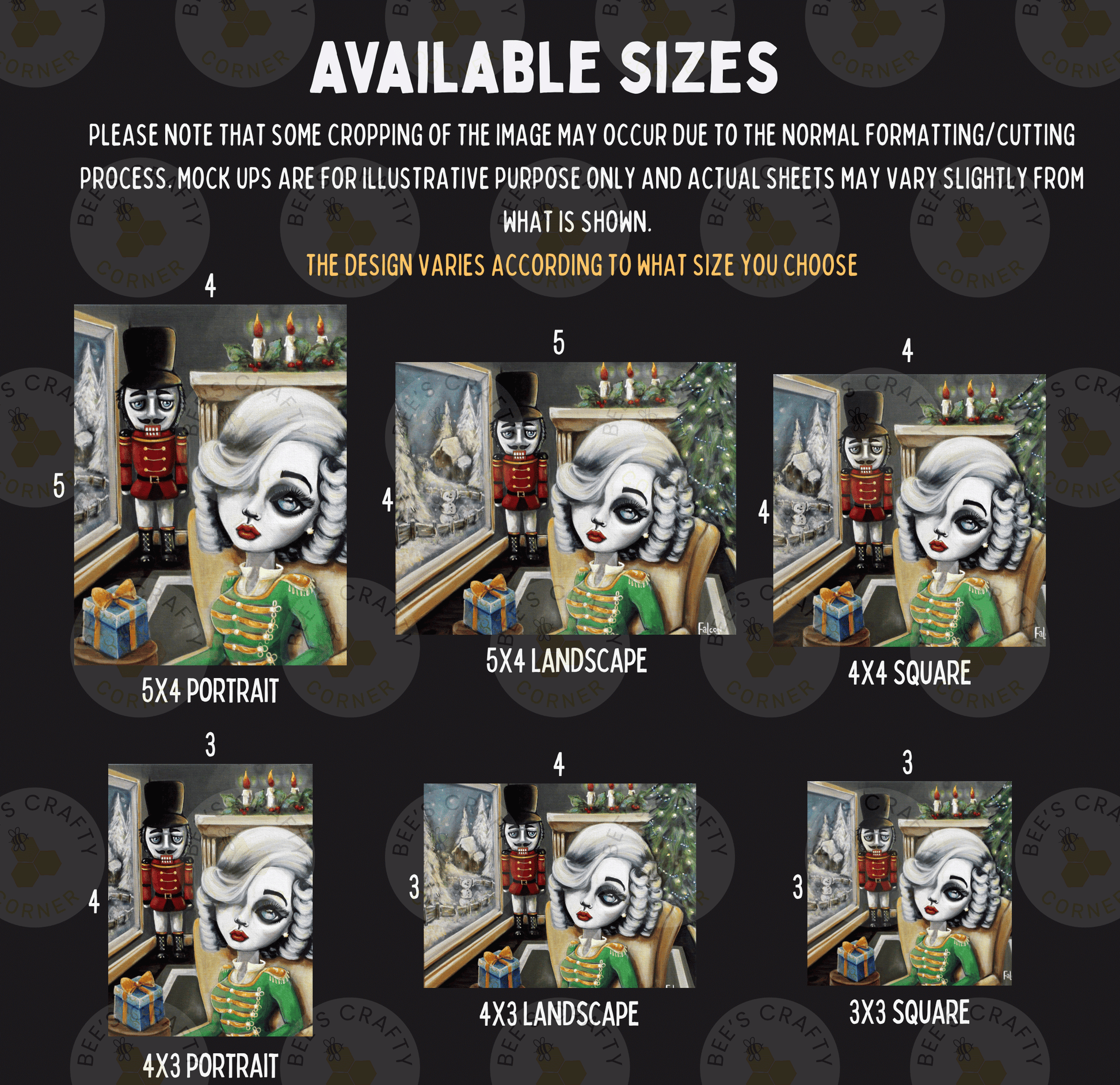 six different sizes of nutcracker-themed artwork, including portraits, landscapes, and squares. The sizes vary from small to large, and each artwork has a unique design and style.
