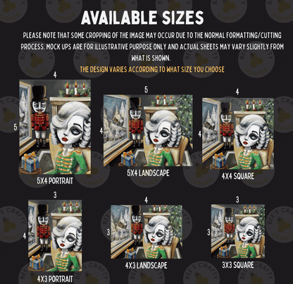 six different sizes of nutcracker-themed artwork, including portraits, landscapes, and squares. The sizes vary from small to large, and each artwork has a unique design and style.