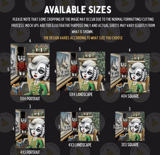 six different sizes of nutcracker-themed artwork, including portraits, landscapes, and squares. The sizes vary from small to large, and each artwork has a unique design and style.