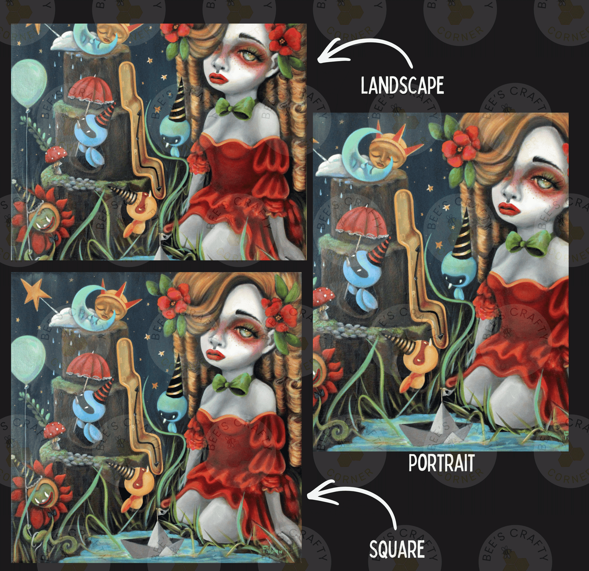 The image is a collage of three pictures, each depicting a different scene. The first image shows a woman with a red dress and a flower in her hair, the second image depicts a woman with a flower in her hair, and the third image features a woman with a flower in her hair. The images are labeled as "LANDscape", "Portrait", and " SQUARE".