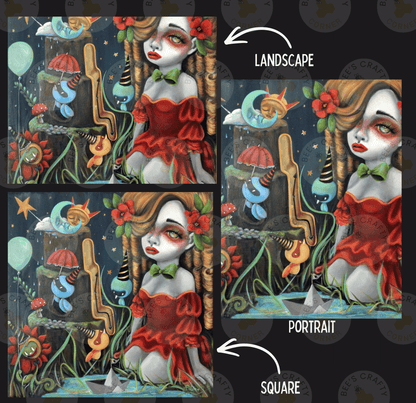 The image is a collage of three pictures, each depicting a different scene. The first image shows a woman with a red dress and a flower in her hair, the second image depicts a woman with a flower in her hair, and the third image features a woman with a flower in her hair. The images are labeled as "LANDscape", "Portrait", and " SQUARE".