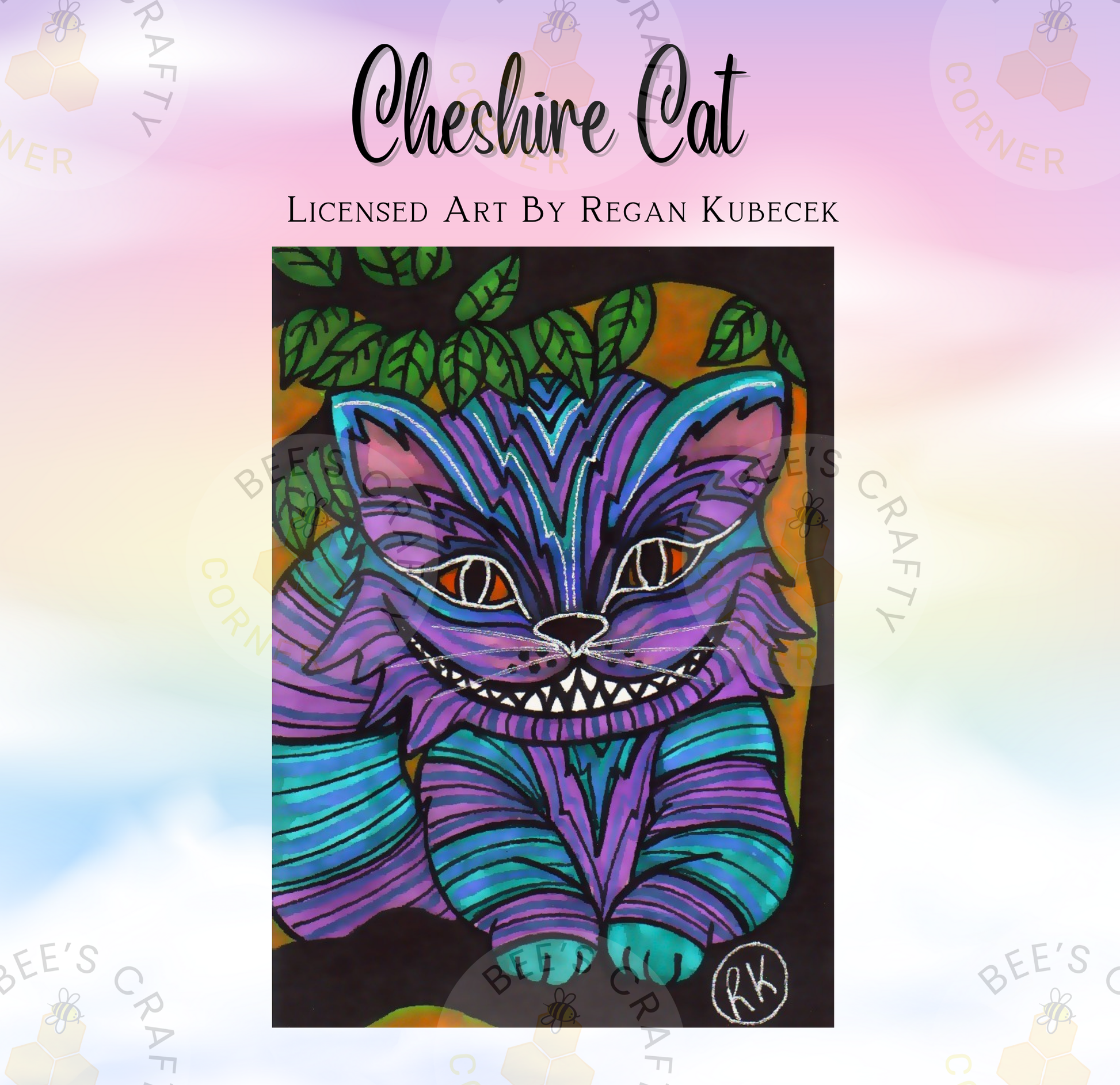 The image is a vibrant and colorful illustration of a Cheshire Cat, a famous character from the story of Alice in Wonderland. The cat is depicted in a playful and whimsical manner, with its distinctive blue and purple stripes, large eyes, and a wide smile. The background of the image is filled with various shades of green and orange, creating a lively and energetic atmosphere. The image is a creative and artistic representation of the Cheshire Cat, capturing its iconic and memorable appearance.