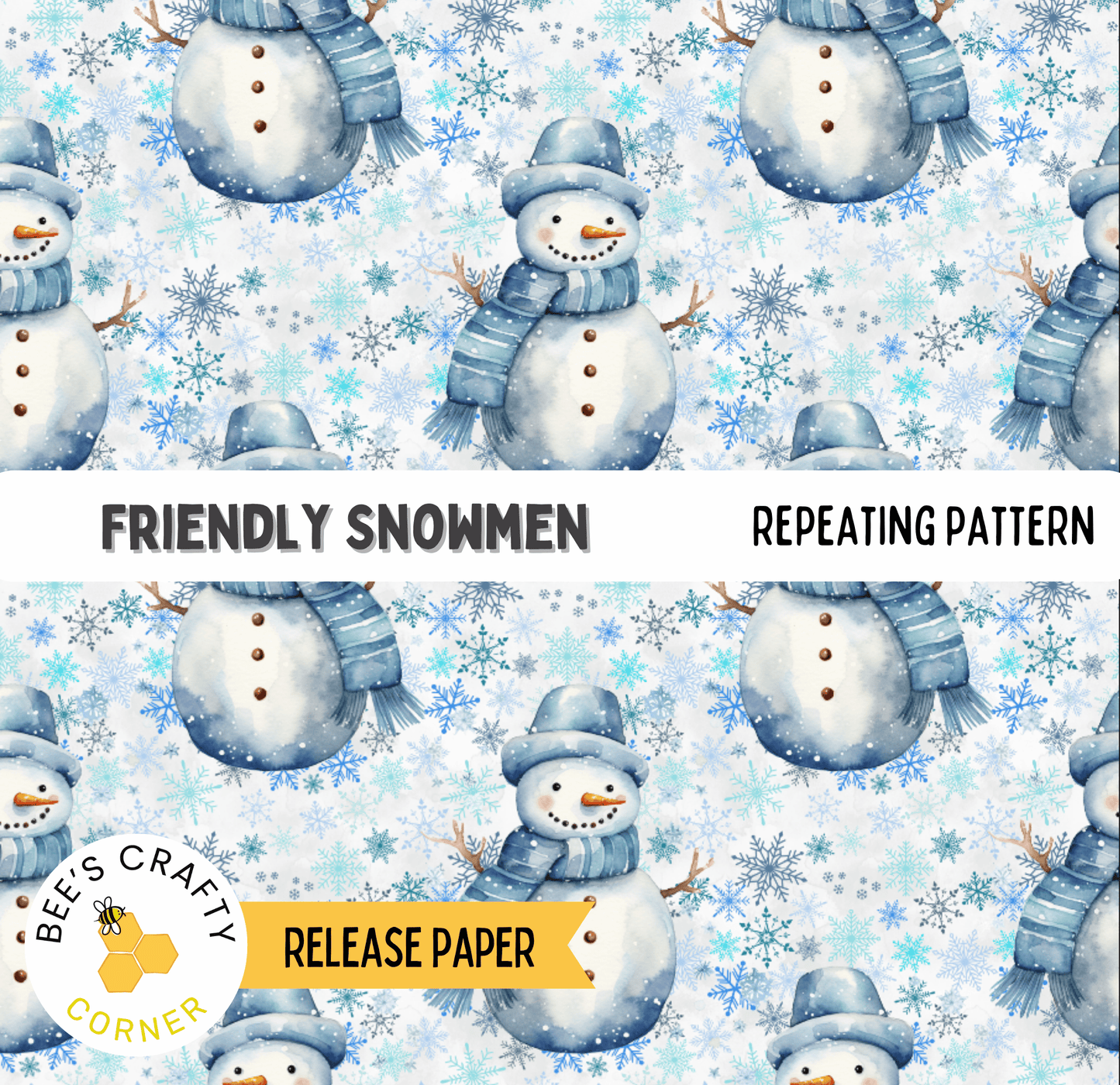 The image is a repeating pattern of watercolor snowmen, each with a unique design and color scheme.
