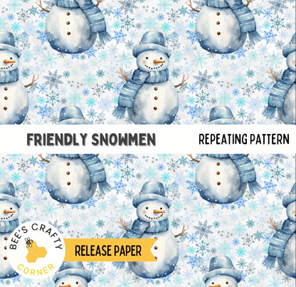 The image is a repeating pattern of watercolor snowmen, each with a unique design and color scheme.