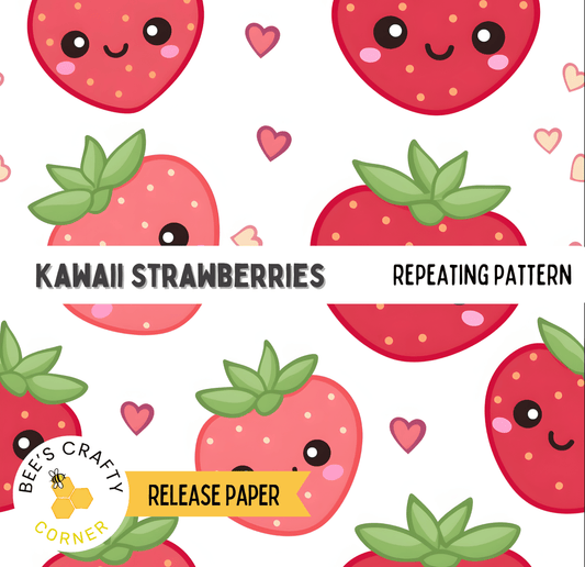 The image is a repeating pattern of kawaii-style strawberries with hearts scattered throughout the background.