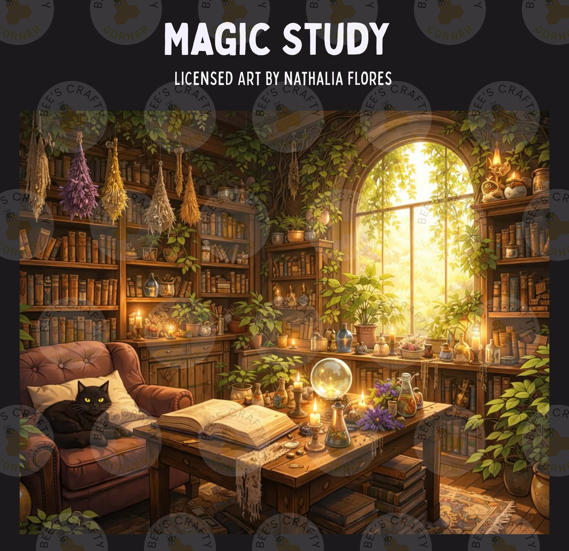 The image is a detailed illustration of a magical study room, featuring a large window, shelves filled with books, plants, and various objects, and a table with a crystal ball and other mystical items.