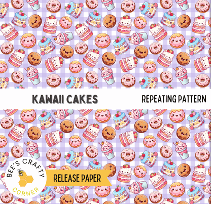 The image is a repeating pattern of various cakes and donuts in different colors and shapes, creating a visually appealing and playful design.