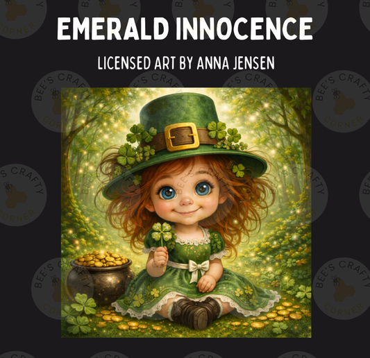 The image is a painting of a young girl wearing a green hat with a gold buckle, holding a four-leaf clover, and sitting next to a pot of gold coins.