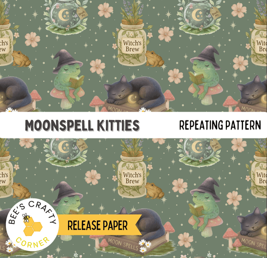 The image is a repeating pattern featuring whimsical illustrations of cats, frogs, and mushrooms, along with various spells and mystical elements such as a crescent moon, moon goddess, and witch's brew.