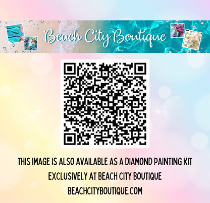 The image is available as a diamond painting kit exclusively at Beach City Boutique.