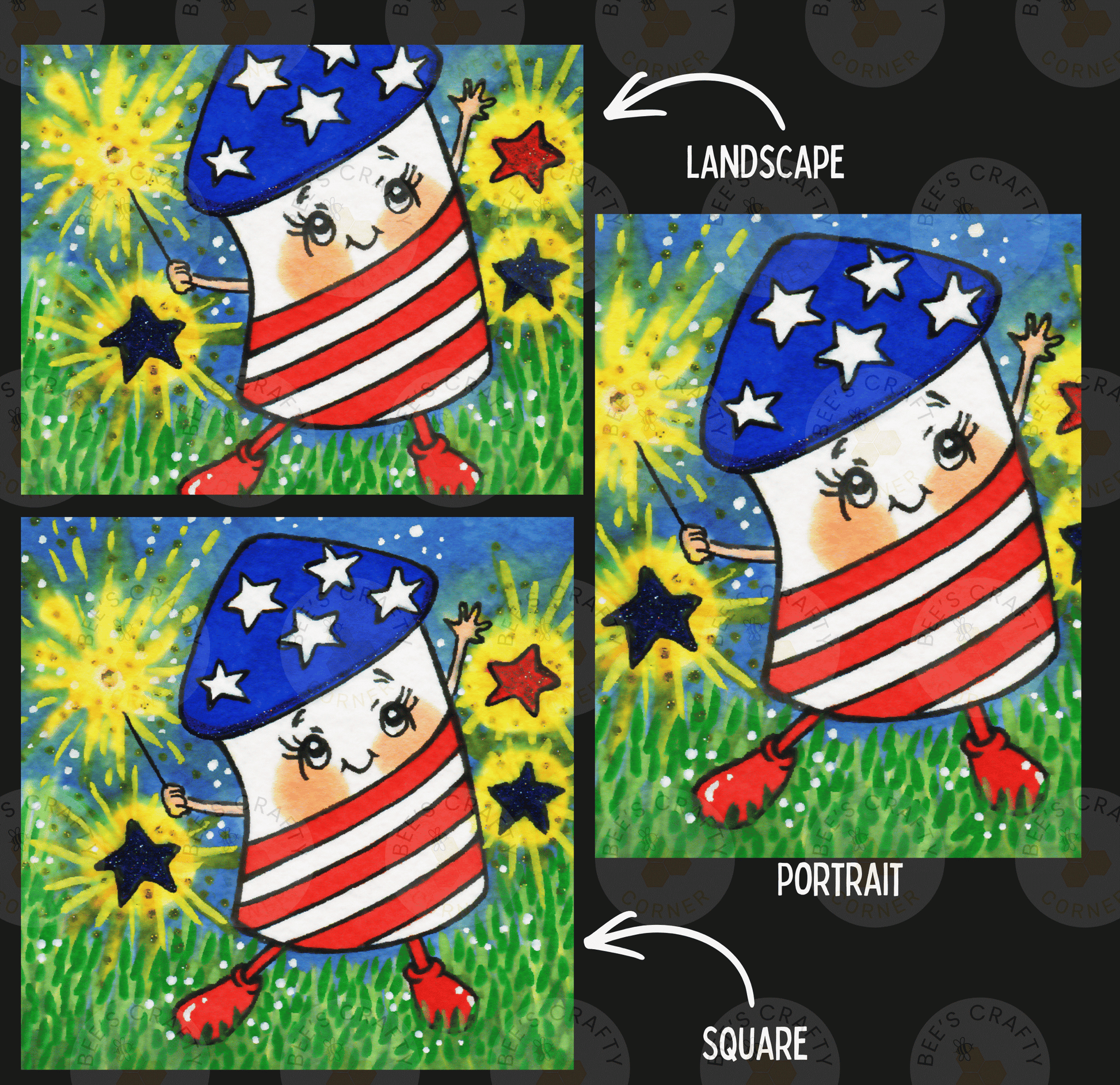 The image is a collage of three images, each depicting a character resembling a fireworks pop-up or a patriotic figure, such as a marshmallow or a paper boat. The images are labeled as "Landscape" and "Portrait" to indicate their artistic styles.