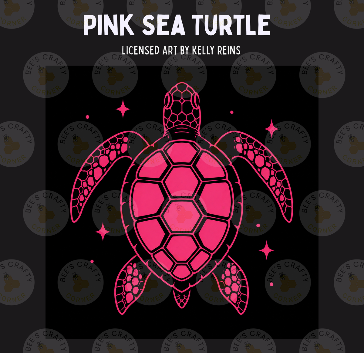 a pink sea turtle with a black shell against a black background.