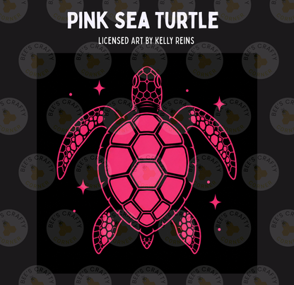 a pink sea turtle with a black shell against a black background.