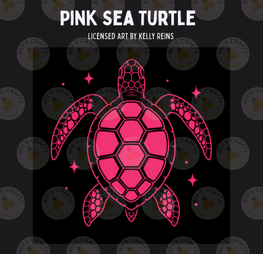 a pink sea turtle with a black shell against a black background.