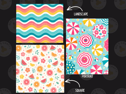 three different patterns: a wavy pattern, a landscape with umbrellas, and a square with a watermelon and flower pattern.