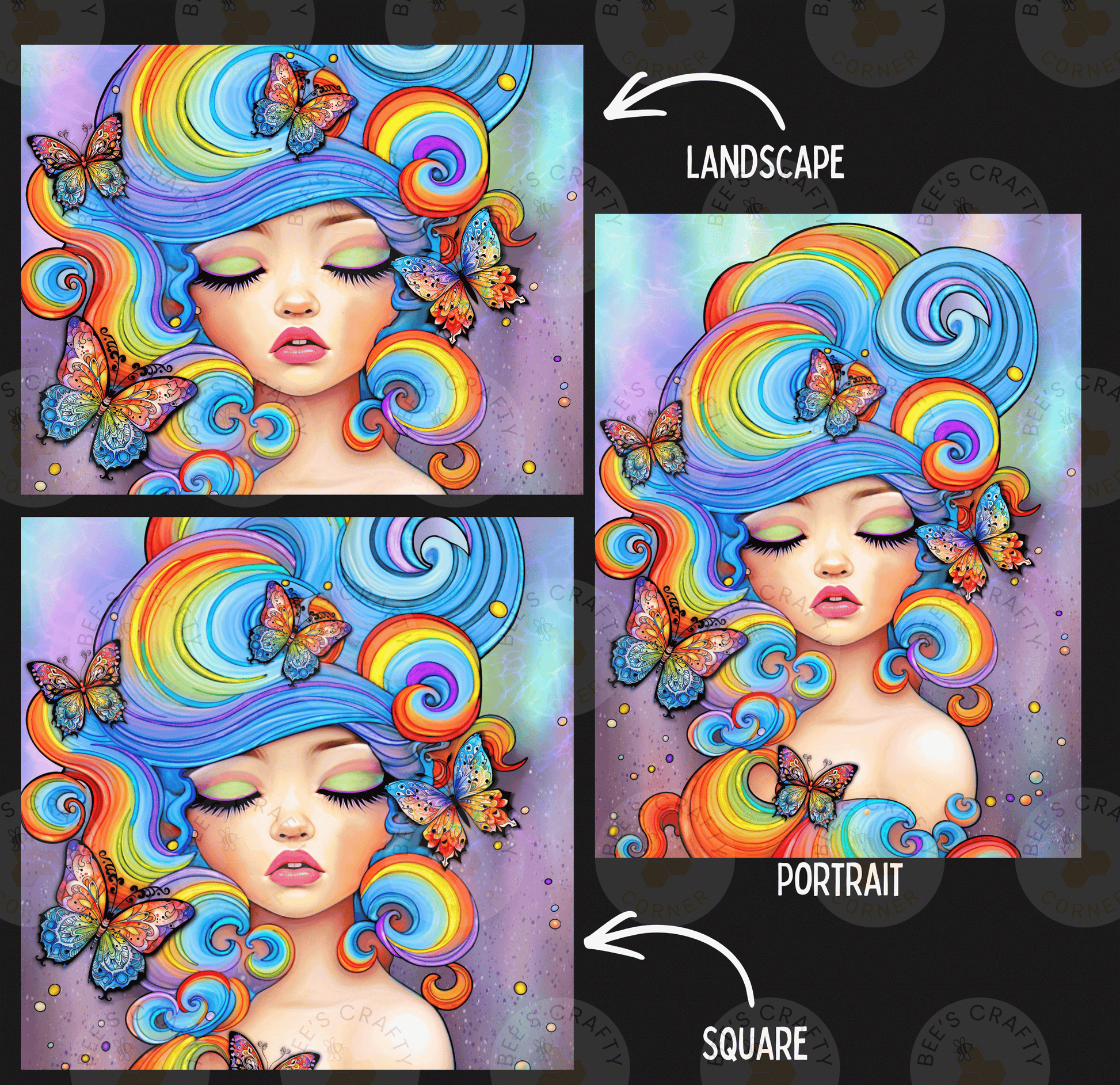 The image is a collage of three images depicting a woman with colorful, swirling hair and butterflies. The first image is a landscape, the second is a portrait, and the third is a square.