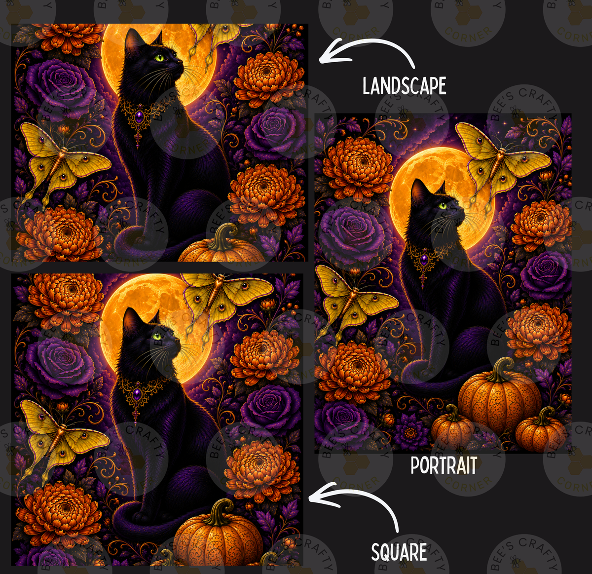 The image is a collage of four pictures depicting a black cat surrounded by a floral background, pumpkins, and butterflies. The collage includes three different perspectives of the cat, with the fourth image being a square portrait of the cat.