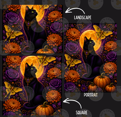 The image is a collage of four pictures depicting a black cat surrounded by a floral background, pumpkins, and butterflies. The collage includes three different perspectives of the cat, with the fourth image being a square portrait of the cat.