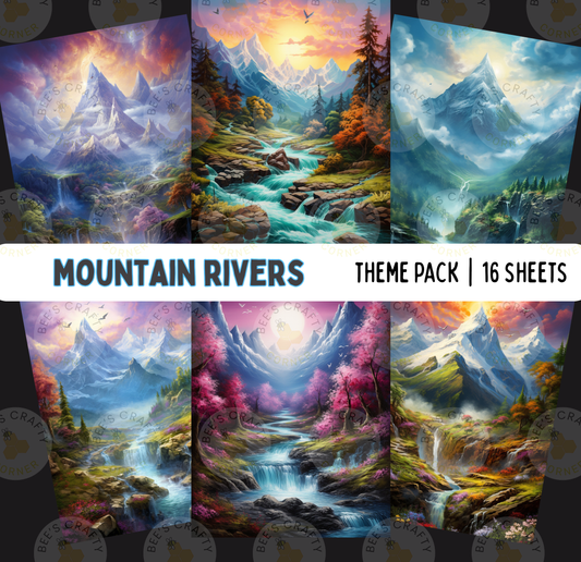 The image is a theme pack of 16 different landscape paintings depicting mountain rivers.