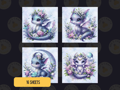 four square illustrations of fantastical creatures, each with unique features and floral decorations. The illustrations are arranged in a grid format, with four images in each row and two columns. The text "16 SHEETS" is displayed in the bottom right corner of the image.