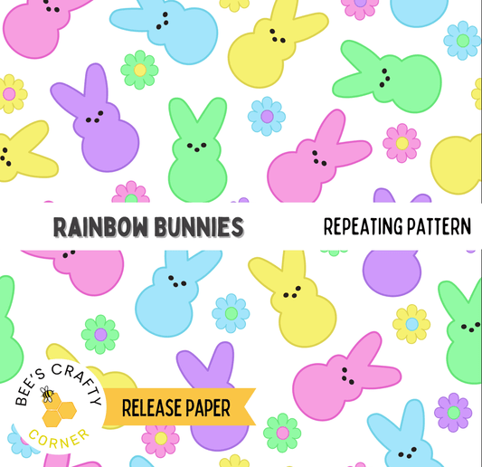 The image is a repeating pattern of colorful Easter bunny shapes, including pink, purple, green, and yellow bunnies, along with various flower shapes.