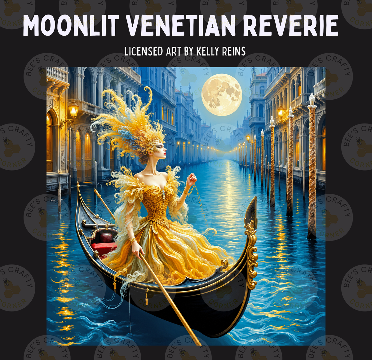 a woman in a golden dress and elaborate headdress, sitting in a gondola and holding a paddle, with a large full moon in the background.