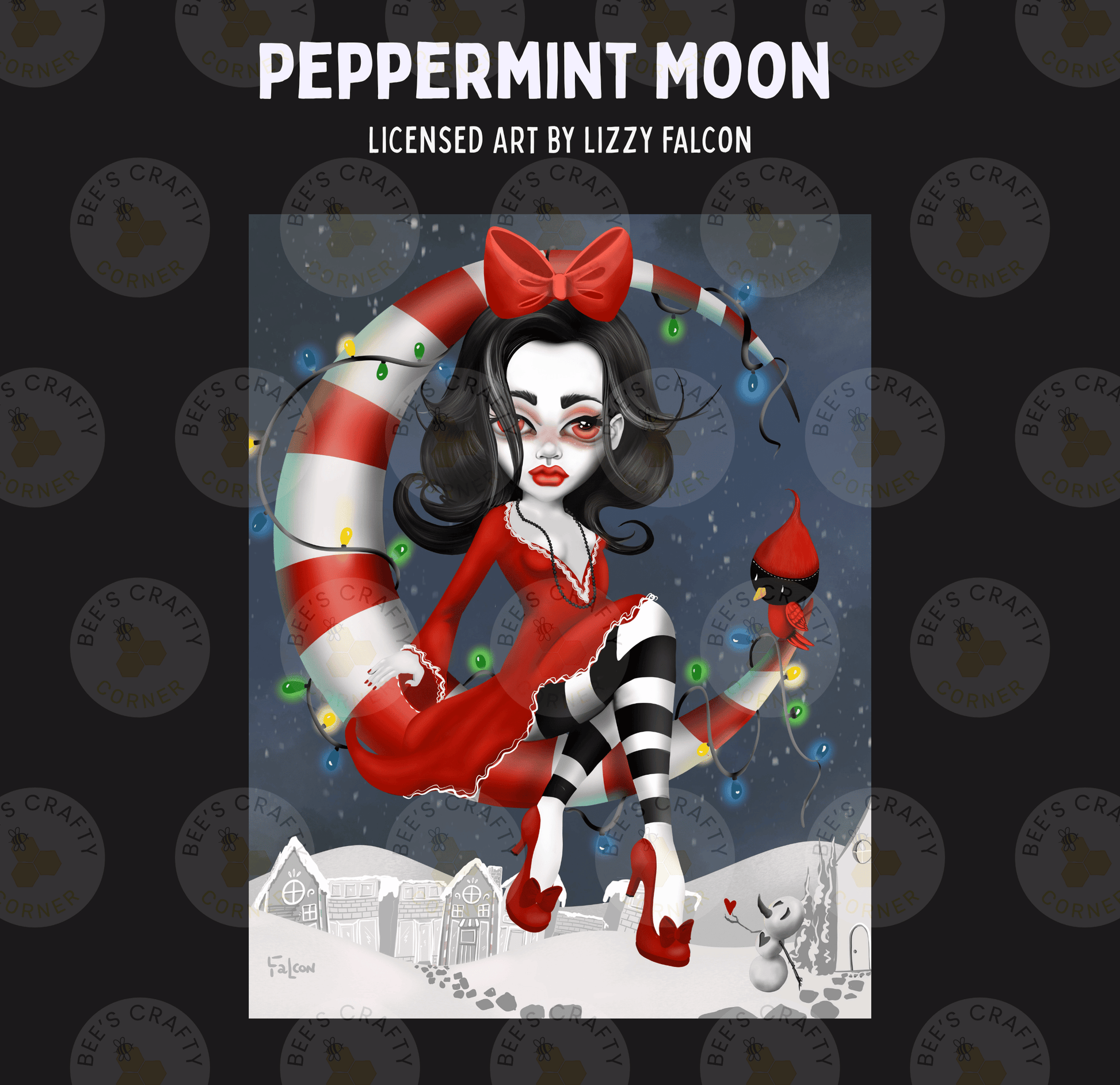 The image is a digital illustration featuring a female character with a red dress and striped stockings, standing on a snowy landscape with a crescent moon and Christmas lights in the background.