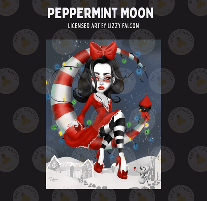 The image is a digital illustration featuring a female character with a red dress and striped stockings, standing on a snowy landscape with a crescent moon and Christmas lights in the background.