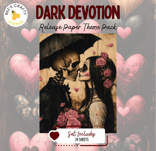 The image is a cover for a "Dark Devotion Release Paper Theme Pack" that includes 24 sheets of paper. The cover features an illustration of a skeleton and a woman with roses, surrounded by hearts and skulls.