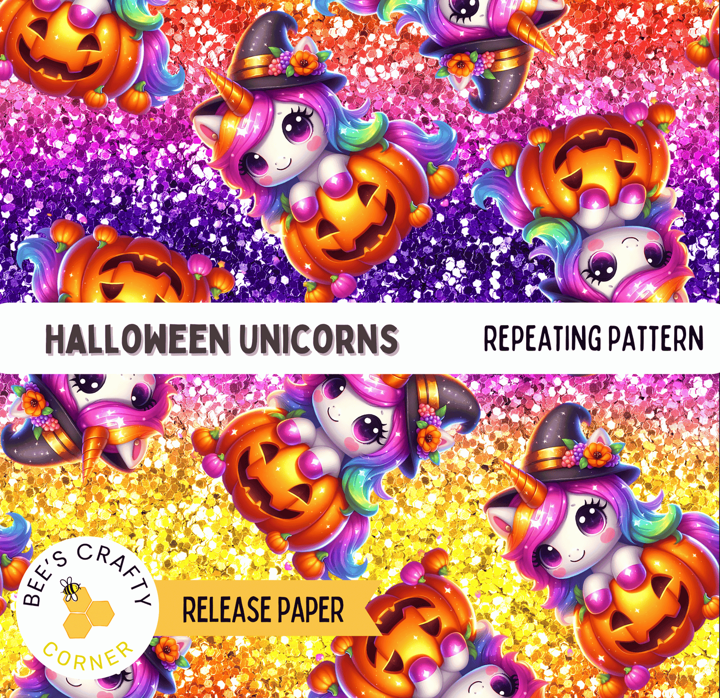 The image is a repeating pattern of Halloween-themed unicorn illustrations, each featuring a pumpkin and a witch's hat. The pattern is vibrant and colorful, with the unicorn and pumpkin designs being the main focus. The text "Halloween Unicorns" and "REPEATING PATTERN" are visible, indicating the theme of the pattern. The release paper is labeled as "Bee's Crafty Corner" and "Release Paper".