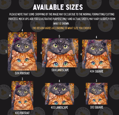a collage of six different sizes of cat portraits, each with a unique style and color scheme. The cats are depicted in various poses and expressions, showcasing the versatility of the artwork. The sizes range from small to large, allowing for different perspectives and interpretations of the cats' faces. The collage is a creative representation of the artist's vision and skill in capturing the essence of the cats in their artwork.