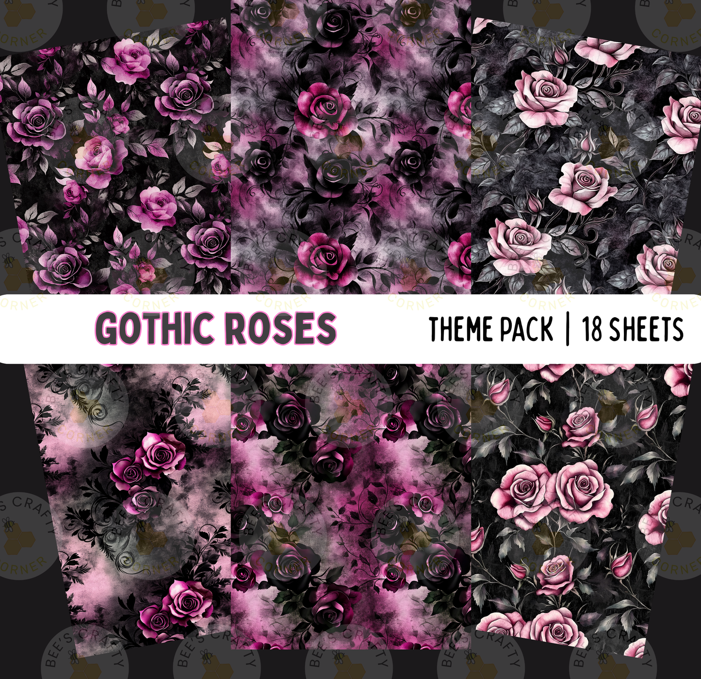 a collection of six different floral patterns, each with a unique design and color scheme. The patterns include a variety of roses in shades of pink and purple, as well as other flowers and foliage. The images are arranged in a grid format, with each row representing a different pattern and each column representing a different color or type of flower. The text "GOTHIC ROSE" is prominently displayed, indicating the theme of the images.
