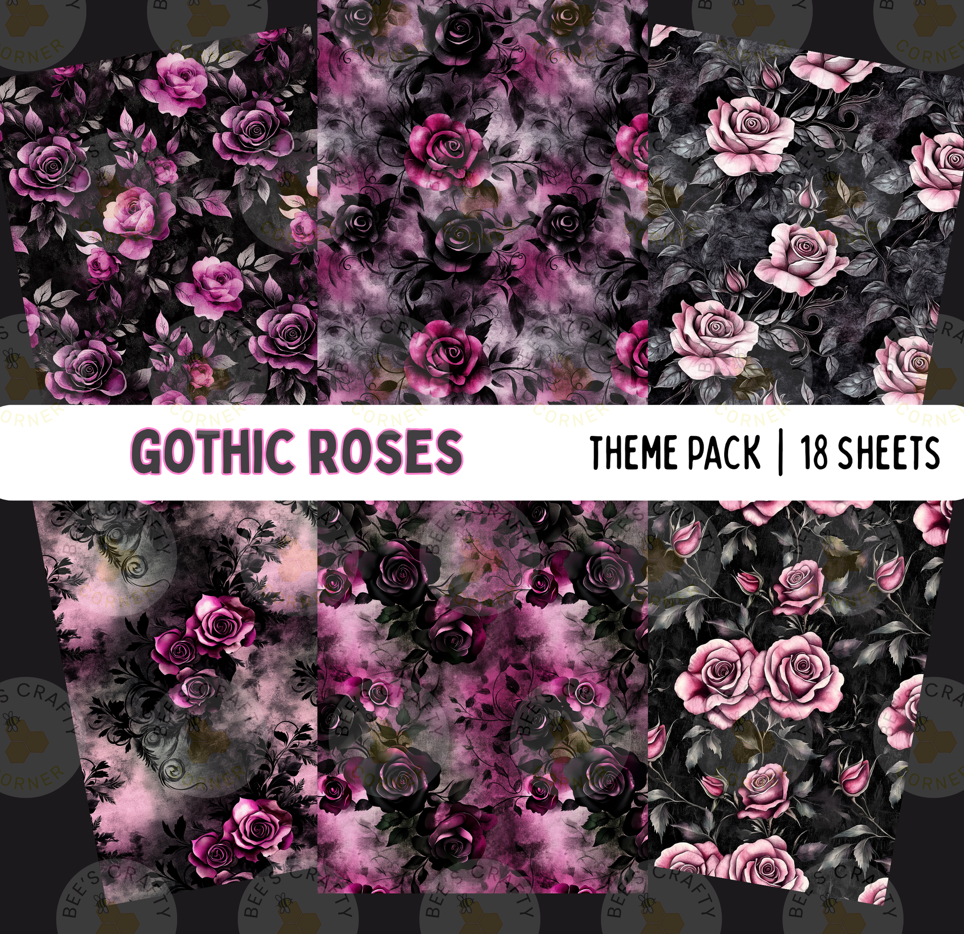 a collection of six different floral patterns, each with a unique design and color scheme. The patterns include a variety of roses in shades of pink and purple, as well as other flowers and foliage. The images are arranged in a grid format, with each row representing a different pattern and each column representing a different color or type of flower. The text "GOTHIC ROSE" is prominently displayed, indicating the theme of the images.