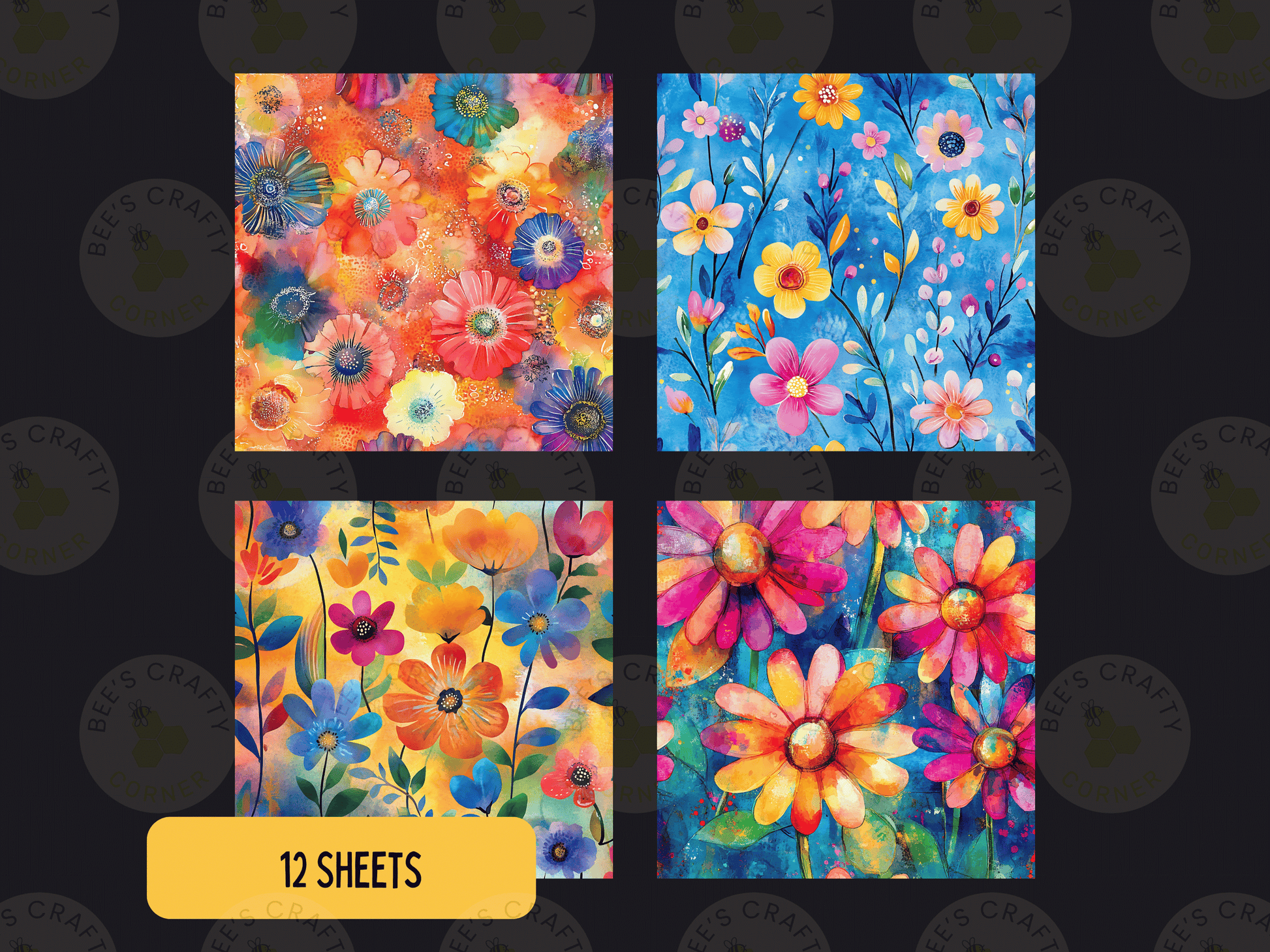 four colorful and vibrant floral patterns, each with a unique design and arrangement of flowers and leaves.