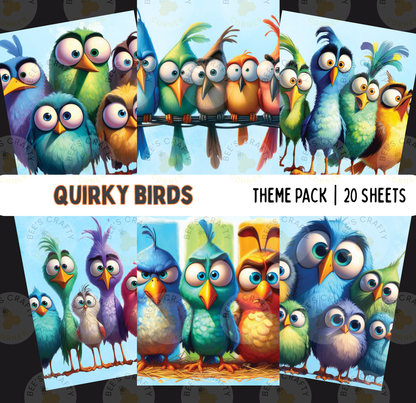 The image is a theme pack of 20 colorful cartoon birds, each with unique features and expressions, arranged in various poses and settings.