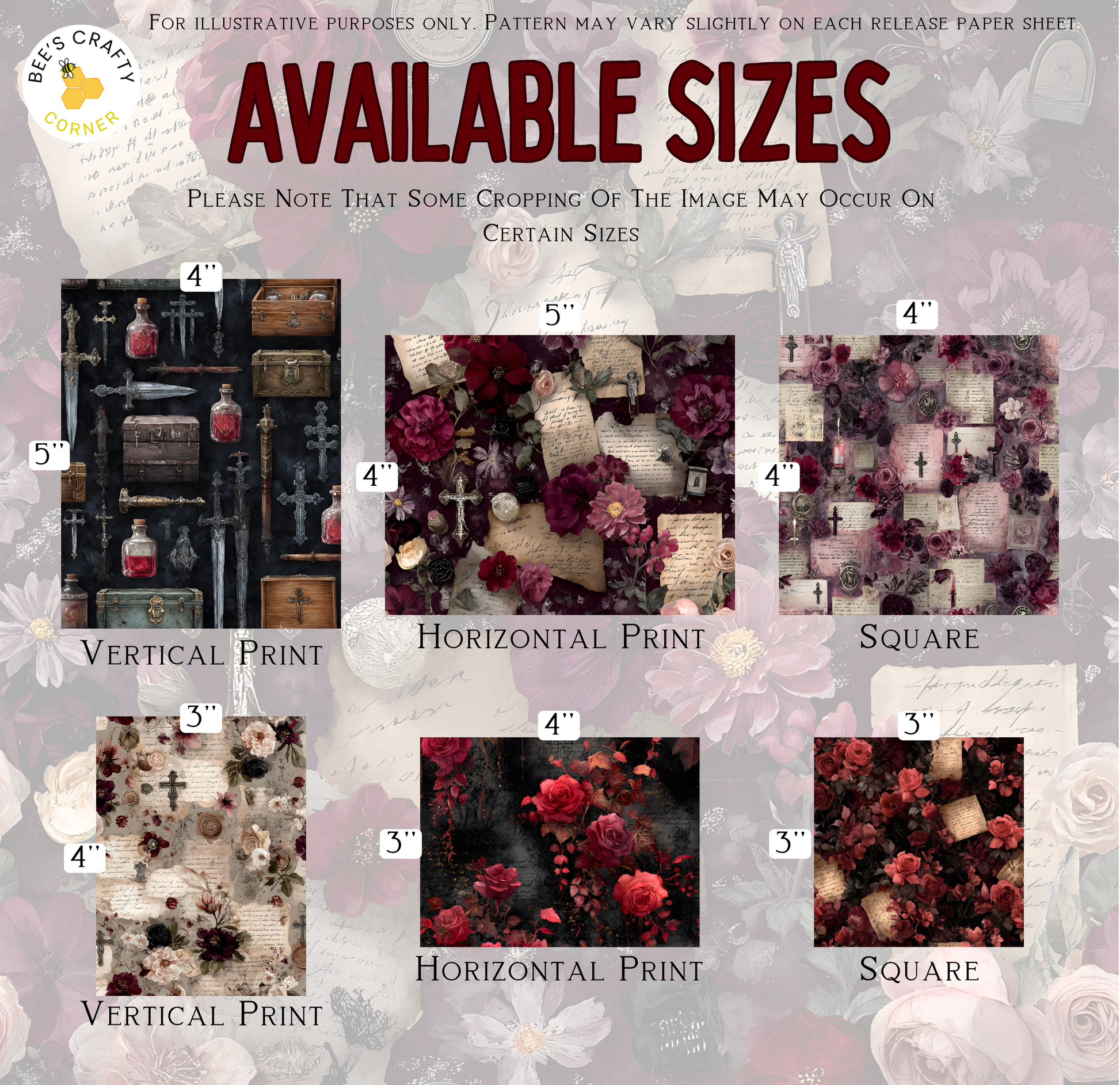 various sizes of floral and vintage-style images, including a vertical print, a horizontal print, and a square print. The text indicates that some cropping of the image may occur on certain sizes, and the available sizes are 4", 5", and 4".