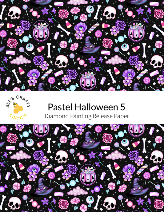 The image is a repeating pattern of various Halloween-themed items, including skulls, bones, candy canes, roses, and other spooky and festive decorations, all set against a black background.