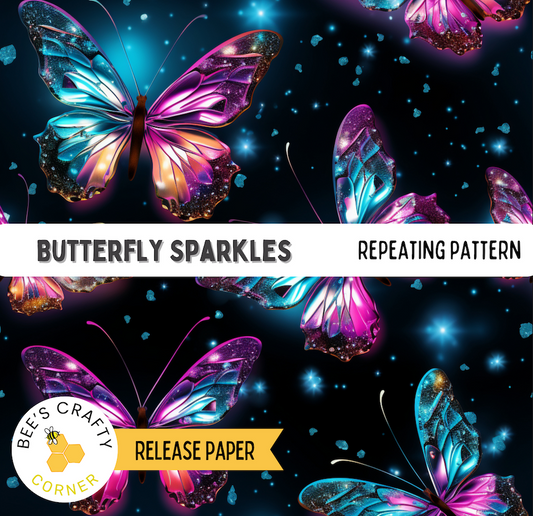 The image is a collage of colorful butterfly images with a repeating pattern of sparkles against a dark background.
